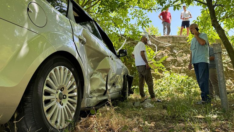 Otomobil direksiyon hakimiyetini kaybederek bahçeye çarptı
